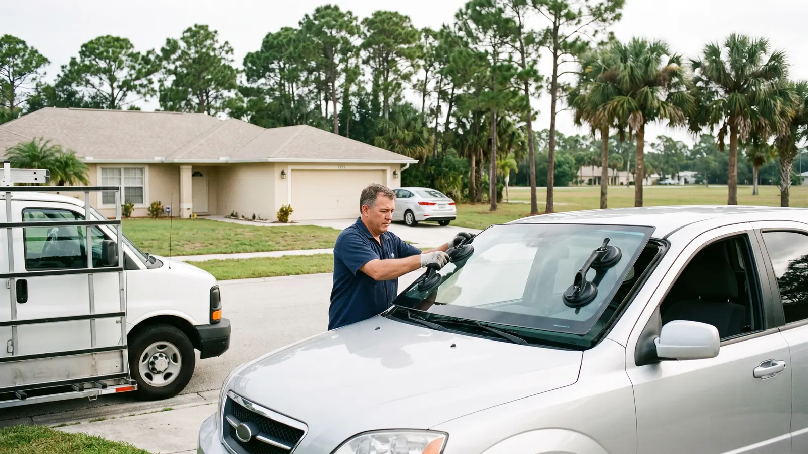Technician fitting a new windshield on a car parked in a Palm Bay driveway