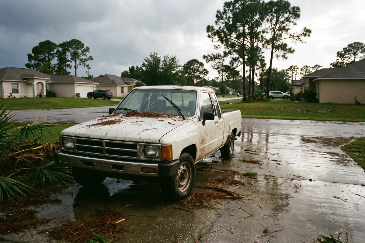 Storm-cracked windshield on a pickup in Palm Bay